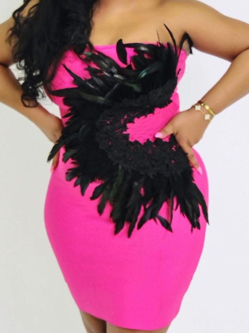 Strapless Hot Pink Feather-Embellished Bodycon Dress